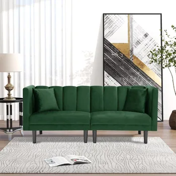 Раскладной диван-футон Aukfa Velvet, узкая спинка, 2 подушки, экономит место, зеленый