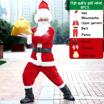 Рождественский бархатный костюм Санта-Клауса, пояс, шляпа с бородой, забавный карнавальный белый костюм с длинными волосами и красный мужской костюм для взрослых