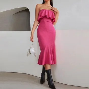 Розовое летнее длинное платье Макси без бретелек для женщин, Vestidos, Сексуальное вечернее платье с открытыми плечами и открытой спиной, элегантный халат Русалки