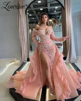 Розовое расшитое бисером платье знаменитостей с открытыми плечами, Арабские вечерние платья Дубая 2023 Для женщин, свадебная вечеринка со съемным шлейфом