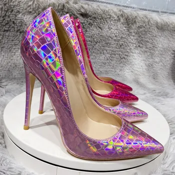 Розовые женские пикантные туфли на высоком каблуке с эффектом крокодиловой кожи, с лазерным блеском, для вечеринки, 8 см, 10 см, 12 см, великолепные туфли-лодочки на шпильке с острым носком