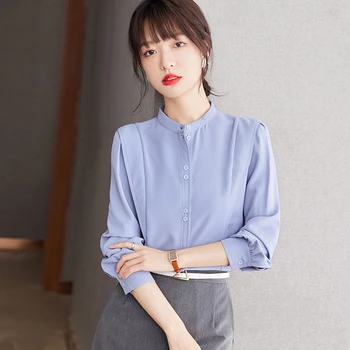 Рубашка со стоячим воротником и длинными рукавами на пуговицах, женские топы, весна-осень, элегантная шикарная Тонкая повседневная офисная блузка в корейском стиле C2530