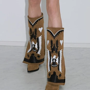 Сапоги в стиле Вестерн, сапоги до колена с острым носком, осень-зима, Сапоги с вышивкой в винтажном стиле, танкетка, Высокие каблуки, Удобные женские ботинки для ходьбы