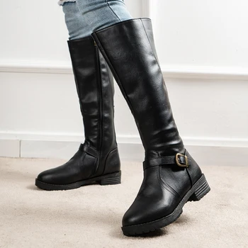 Сапоги до бедра коричневые женские винтажные кожаные ботинки на квадратном каблуке с застежкой до колена и пряжкой Сохраняющие тепло Ботинки с круглым носком в британском стиле