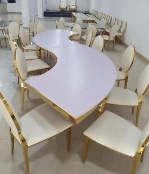 Свадебный стол из МДФ для вечеринки в отеле с золотой полумесяцем из нержавеющей стали, L-образный стол, свадебный стол