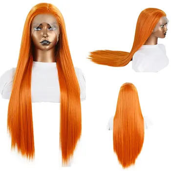 Светло-Оранжевый Цвет Синтетические Парики на кружеве Спереди Прямые Из высококачественного Термостойкого волокна, Предварительно Выщипанные Волосы, Свободная часть для женщины