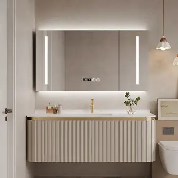 Светлый роскошный современный интеллектуальный дубовый шкаф для ванной комнаты комбинированный стол для мытья каменной доски для ванной комнаты изготовленный на заказ шкаф для умывальника