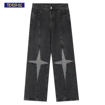 Свободные брюки с прямыми штанинами, мужские уличные джинсовые брюки в стиле пэчворк, повседневные брюки унисекс оверсайз, выстиранные потертые джинсы