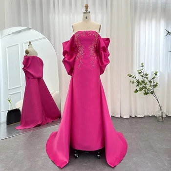 Сексуальные Розово-красные платья Русалки без бретелек для официальных мероприятий с открытой спиной, расшитые бисером, с кружевным шлейфом, вечерние платья Vestido De Noite