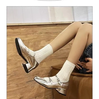 Серебристо-черная обувь, женская обувь, женская обувь, обувь в стиле Лолиты на толстом каблуке с пряжкой, школьная форма, женская студенческая обувь 2023
