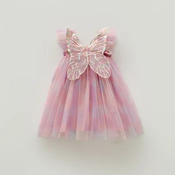 Сетчатое платье для девочек с радужными крыльями 2023, летнее платье принцессы с летящими рукавами, пышное платье для маленьких девочек, одежда для маленьких девочек