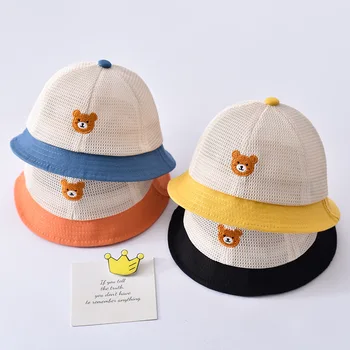 Симпатичная детская кепка-ведро, летняя кепка с мультяшным мишкой, сетчатая дышащая кепка от солнца, солнцезащитный козырек для малышей, пляжная кепка, однотонная пляжная кепка