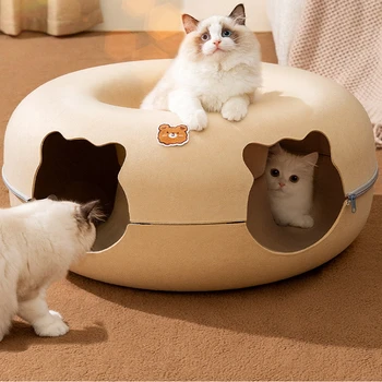 Симпатичная Интерактивная игрушка в форме мультфильма для кошек Домик из войлока, Туннель, Пещера, кровати, Съемный Пончик с застежкой-молнией, Корзина-гнездышко, Принадлежности для котенка