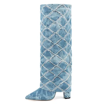 Синие джинсовые женские сапоги до колена в клетку с острым носком на квадратном каблуке, однотонные слипоны, модная лаконичная элегантная женская обувь