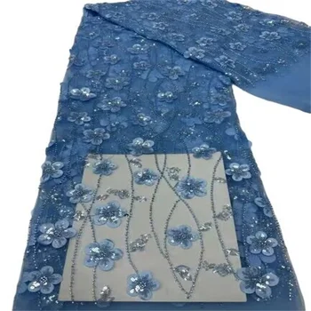 Синяя Африканская Кружевная Ткань С 3D Блестками 2023, 5 Ярдов, Высококачественная Французская Нигерийская Кружевная Ткань Для Жениха Для Пошива Платья, Свадебная Вечеринка