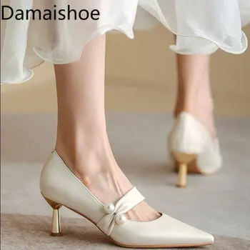 Сказочно-белые французские женские туфли на высоком каблуке с острым носком 2022, Новые весенние и осенние свадебные туфли, простые темпераментные жемчужные туфли на маленьком каблуке