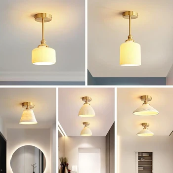 Скандинавский медный светодиодный потолочный светильник для столовой, спальни, гостиной, прихожей, Белый керамический потолочный светильник в современном стиле.