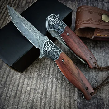 Складной Нож с деревянной ручкой из Дамасской стали, Высококачественный Тактический Нож для кемпинга на открытом воздухе, Инструмент для выживания на охоте