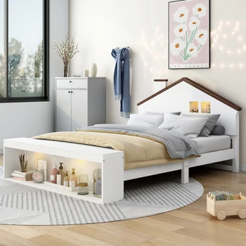 Современная полноразмерная Домашняя кровать-платформа со светодиодной Подсветкой, Местом для хранения вещей и несколькими складскими помещениями, Удобная Для спальни, Белый