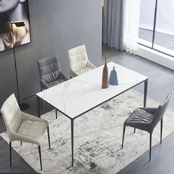 Современный минималистичный бытовой прямоугольный обеденный стол из алюминиевого сплава на каменной плите небольшого размера