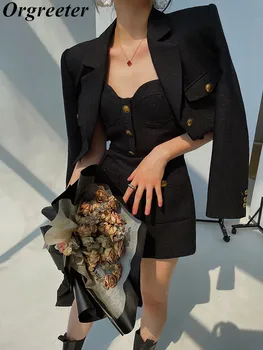 Современный модный черный топ-комбинезон + короткая куртка, комплект из двух предметов, женская одежда, комплекты из твидового укороченного блейзера и шорт из хай-Стрит