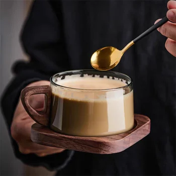Стеклянная чашка для американского кофе Латте объемом 200 мл с деревянным подносом, Термостойкая чашка для чая с молоком из боросиликата, Кружка для свежемолотого кофе