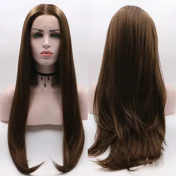 Темно-коричневый синтетический парик с кружевом спереди, Бесклеевые прямые волосы из термостойкого волокна, натуральная линия роста волос, средний пробор для женских париков