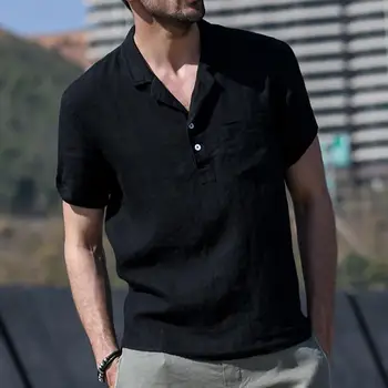 Уличная мужская рубашка приталенного покроя; Мужские пуговицы с лацканами; рубашка с половинной планкой; однотонная рубашка с коротким рукавом и карманом; Стильная для модных