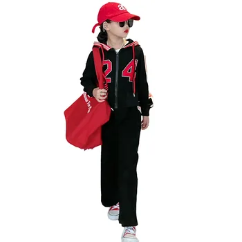 Уличный спортивный костюм для девочек-подростков 2023, Модный топ с капюшоном + брюки, костюм из 2 предметов, Комплекты детской одежды, Весна-осень, Милые наряды