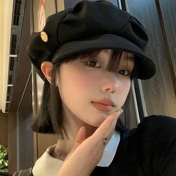 Черные плиссированные береты для женщин, весна и осень, Корейские универсальные кепки с открытым лицом, ретро-восьмиугольные шляпы большого размера