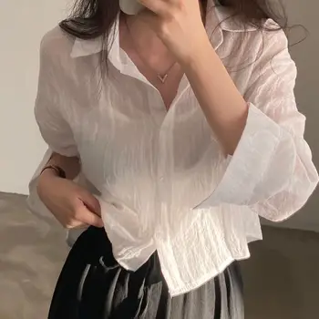 Шикарная Корейская летняя однотонная рубашка поло с плиссированным вырезом и длинным рукавом для женщин, простая Свободная Короткая Солнцезащитная блузка, Женские топы