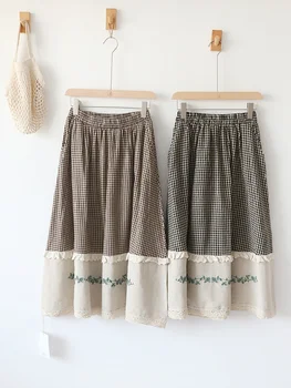 Эластичный пояс 62-118 см / Демисезонные женские Универсальные юбки в японском стиле Mori Kei в клетку с вышивкой, Свободные удобные льняные юбки