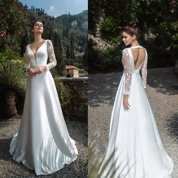 Элегантные атласные свадебные платья с длинным рукавом 2023, свадебное платье с V-образным вырезом и открытой спиной, свадебное платье с кружевными аппликациями