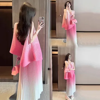 Элегантный комплект в корейском стиле, юбка, Милые Милые дамы, Летняя асимметричная майка без рукавов с градиентом + юбка средней длины с градиентом, 2 шт.