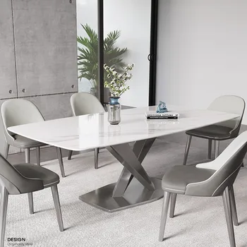 Яркая каменная плита, роскошный обеденный стол и стул, Современный минималистичный дом высокого класса, Прямоугольный обеденный стол в скандинавском стиле.